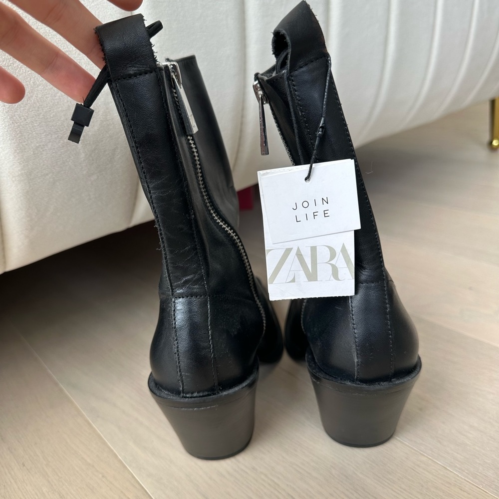Zara long square toe heeled boots made of leather